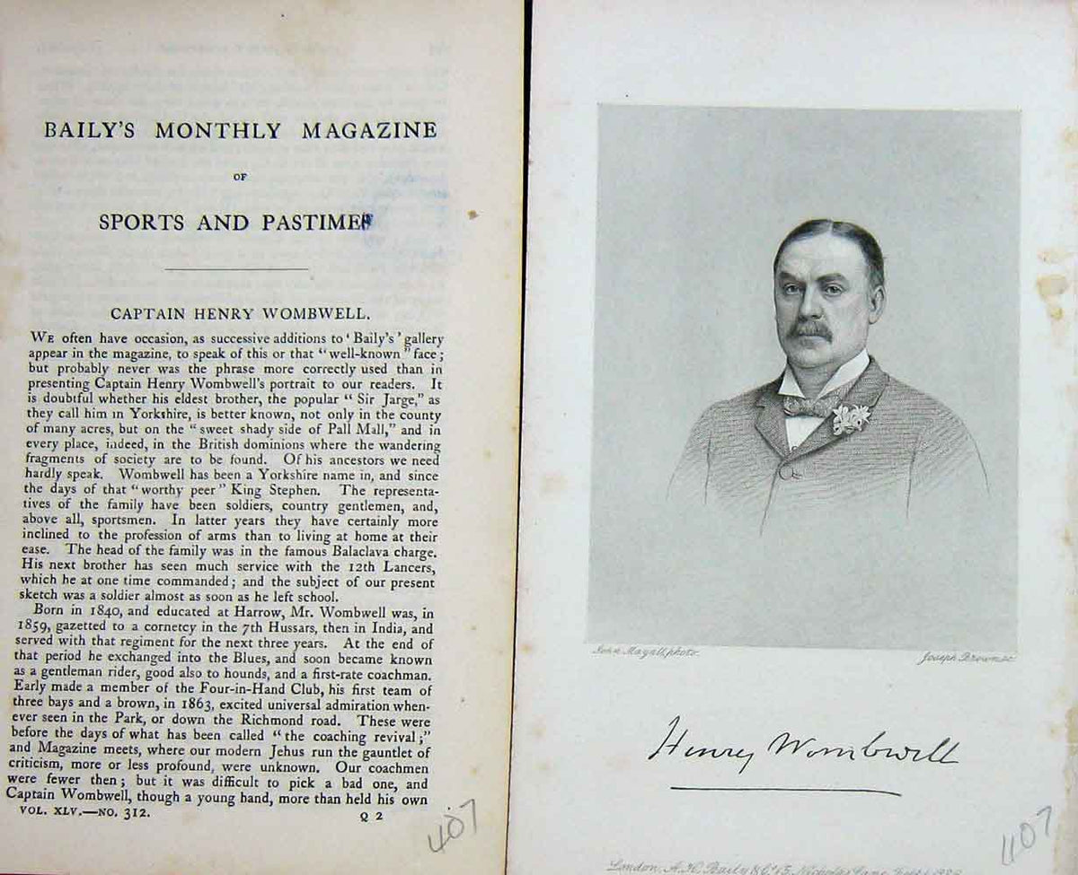 Original Old Antique Print Portrait 1886 Captain Henry Wombwell Sport Victorian