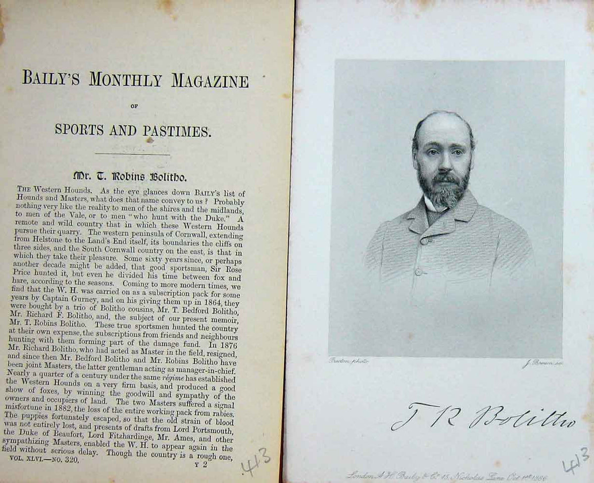 Original Old Antique Print Portrait 1886 Mr Robins Bolitho Huntsman Sport 19th