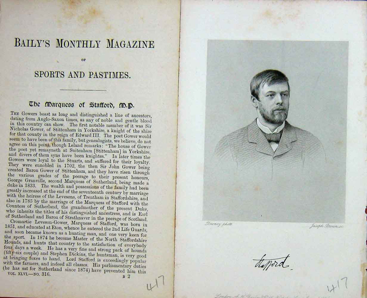 Original Old Antique Print Portrait 1886 The Marquess Stafford M.P Victorian