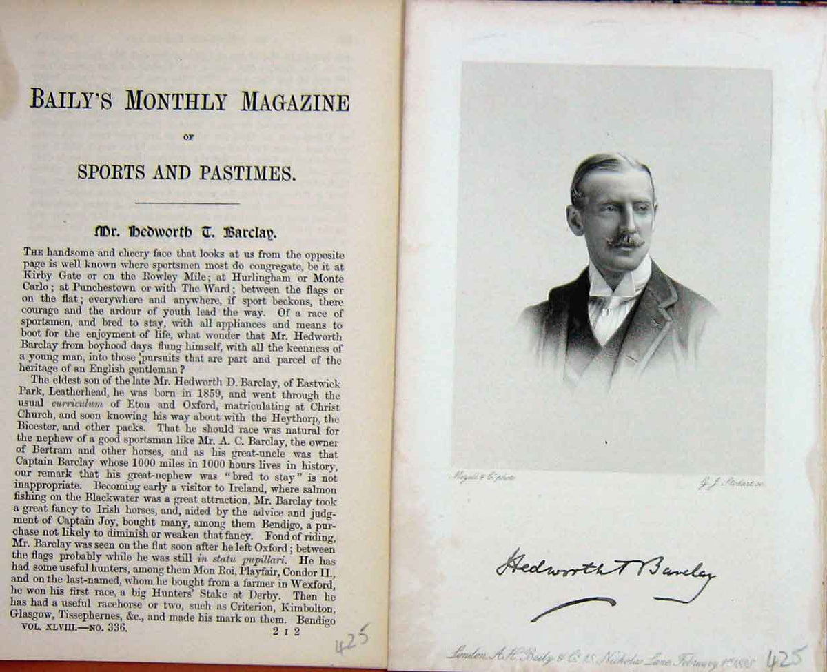 Original Old Antique Print Mr Hedworth D. Barclay Eastwick Portrait 1888 19th