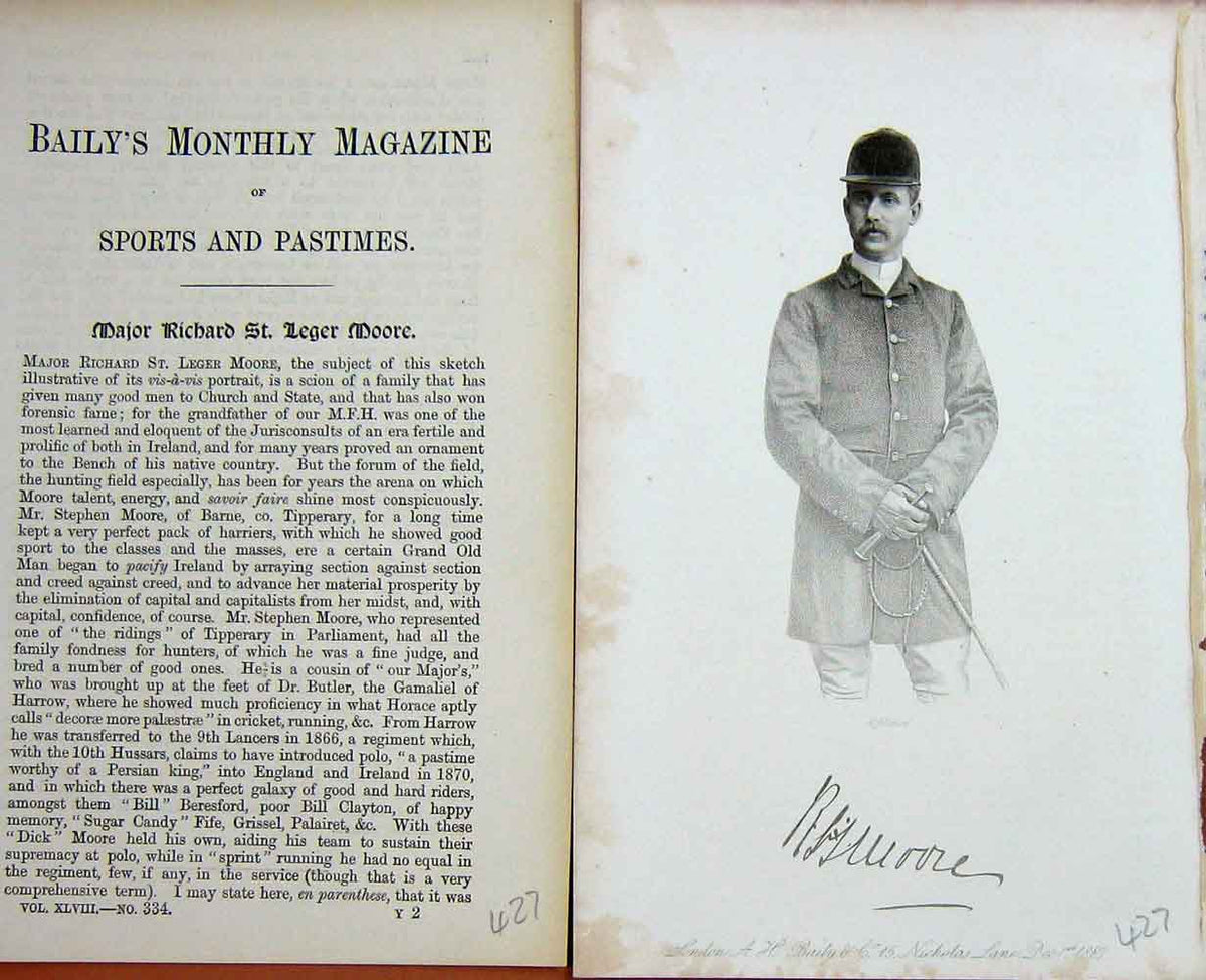 Original Old Antique Print Portrait 1887 Major Richard St Leger Moore Victorian