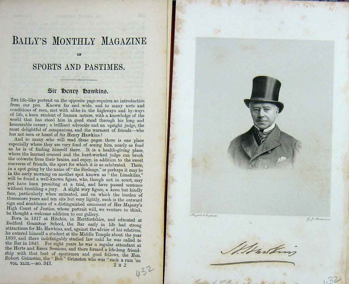 Original Old Antique Print Portrait 1888 Sir Henry Hawkins Hertfordshire 19th