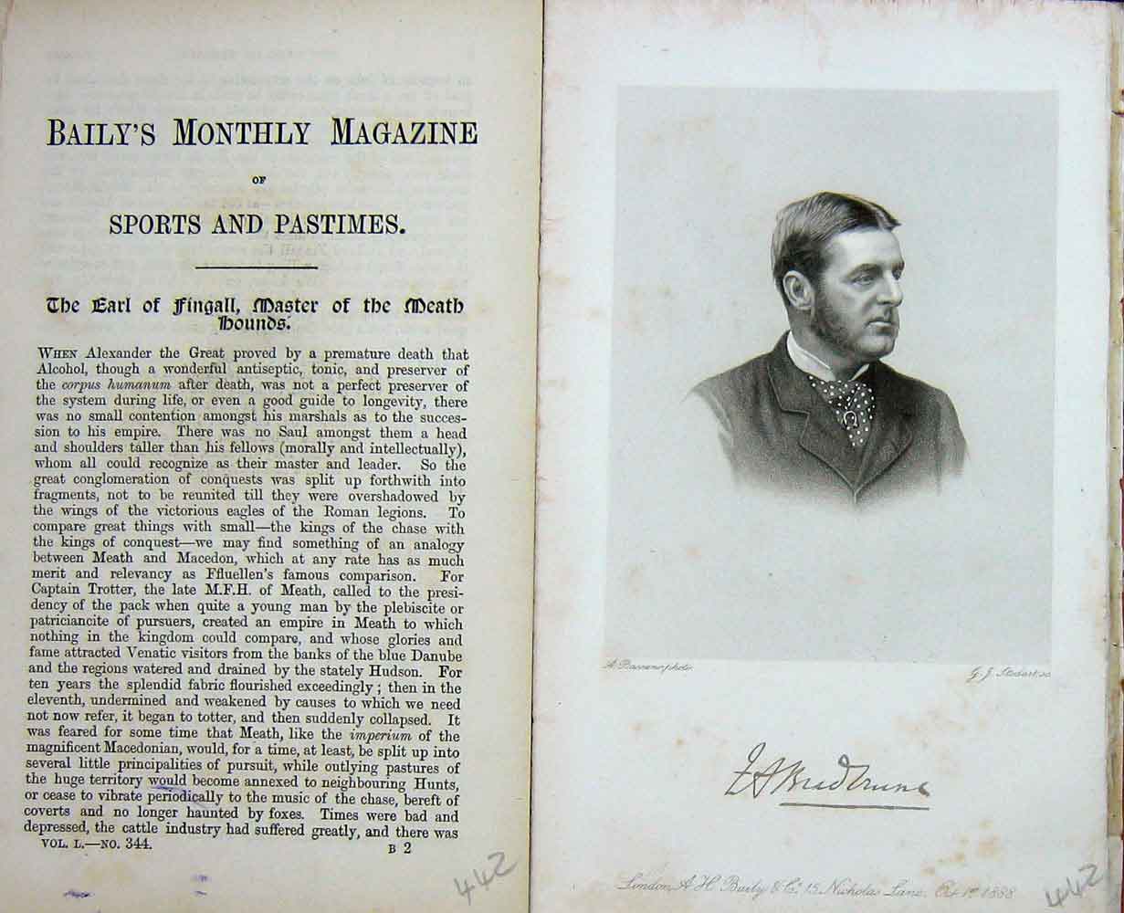 Original Old Antique Print Earl Fingall Master Meath Hounds Portrait 1888 19th