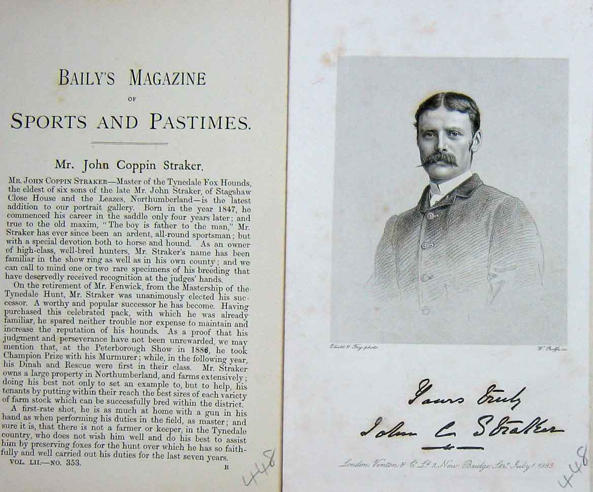 Original Old Antique Print Portrait 1889 Mr John Coppin Straker Hunting 19th