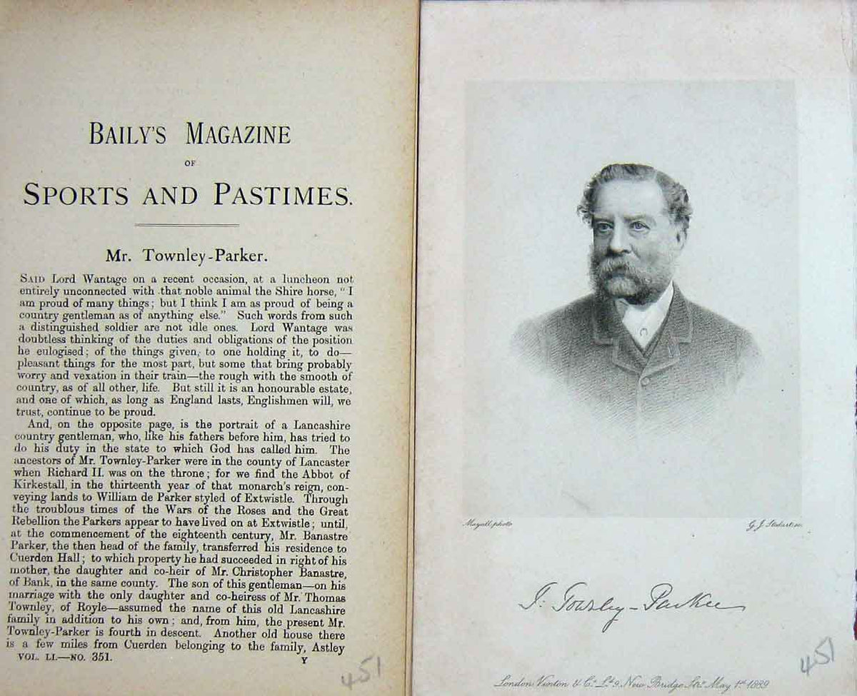 Original Old Antique Print 1889 Portrait Mr Townley Parker Lancashire Victorian