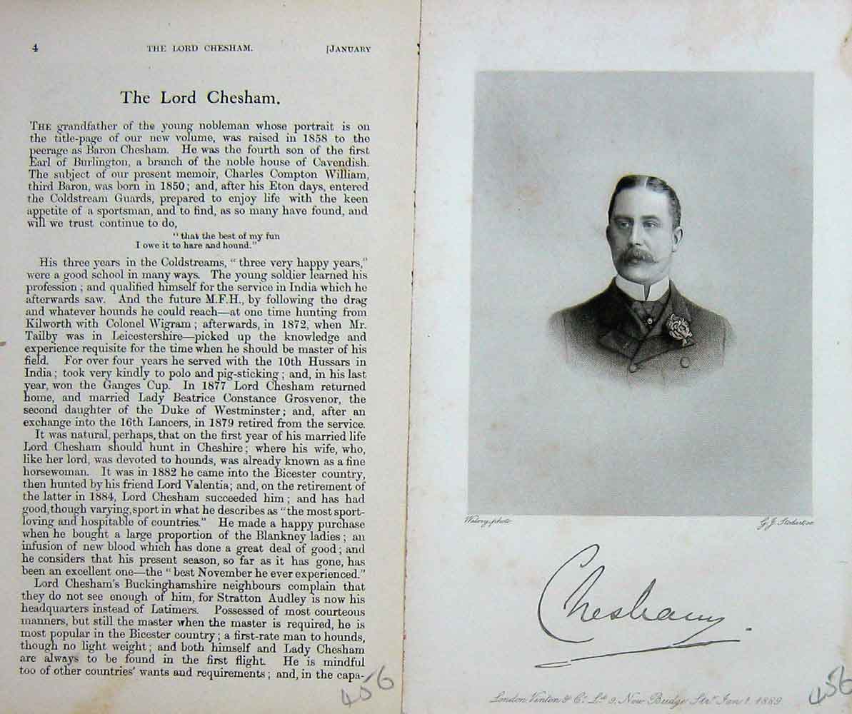 Original Old Antique Print Baily'S Magazine 1889 Portrait Lord Chesham 19th