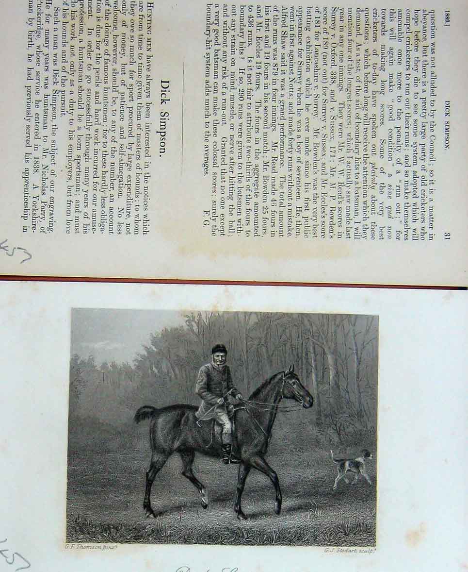 Old Antique Print Baily'S Magazine 1889 Horse Dick Simpson Hunting Sport 19th