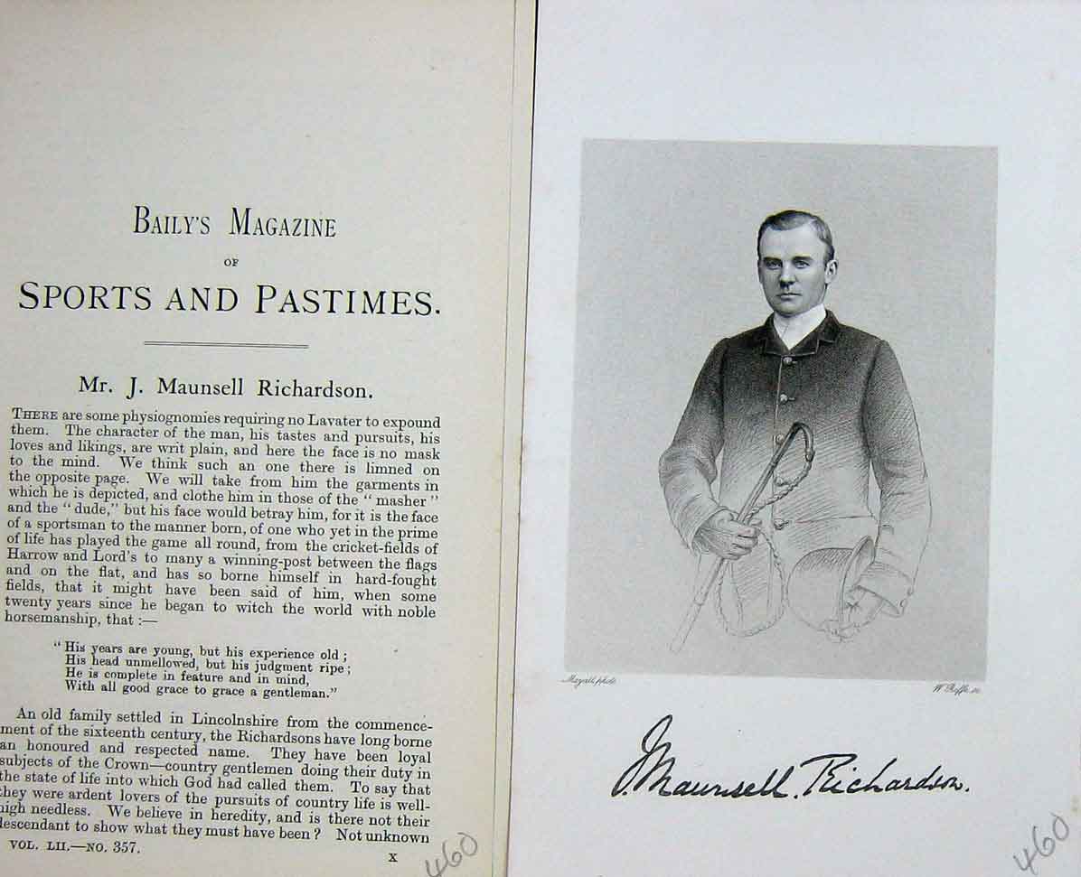 Old Antique Print Baily'S Magazine 1889 Portrait Mr Maunsell Richardson 19th