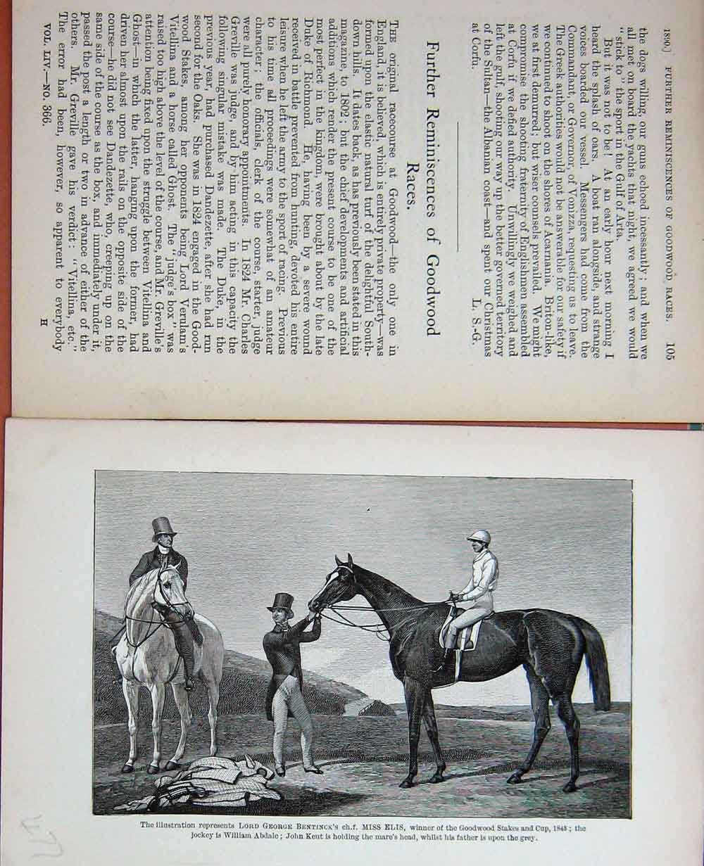 Original Old Antique Print Baily'S 1890 Sport Horse Lord Bentinck Miss Ellis