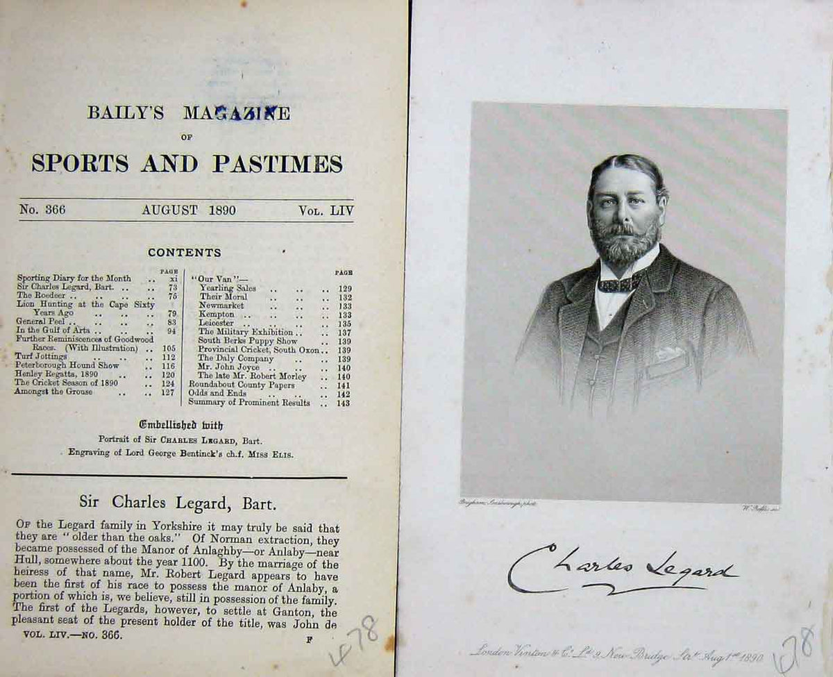 Original Old Antique Print Portrait 1890 Sir Charles Legard Bart Sportsman 19th