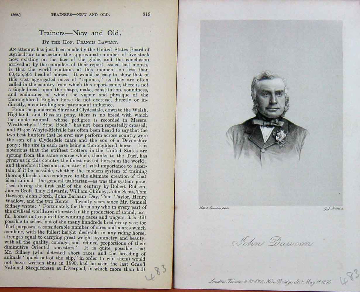 Original Old Antique Print Portrait 1890 John Dawson Trainer Horse Sport 19th