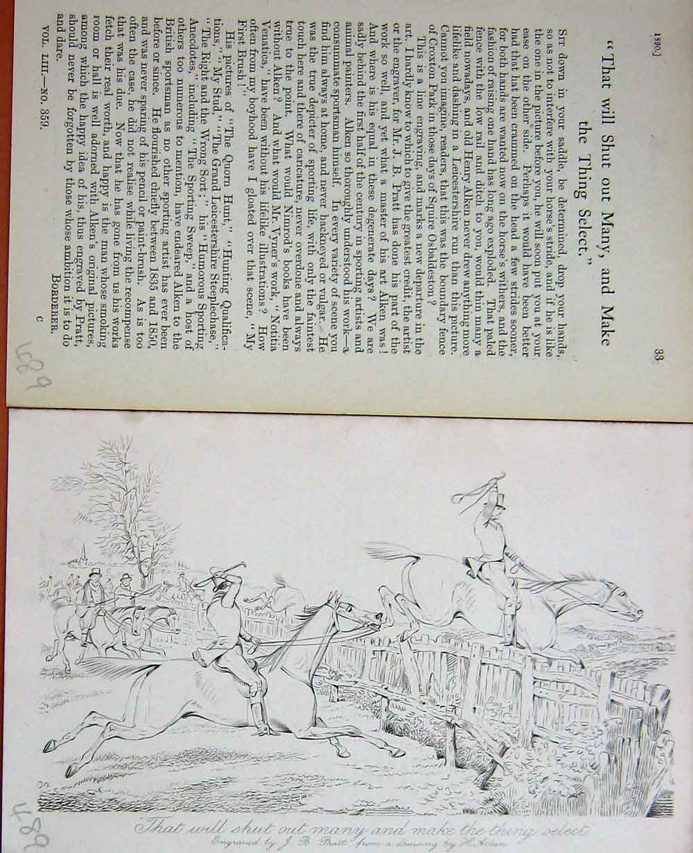 Original Old Antique Print Baily'S Magazine 1890 Horses Hunting Sport Sketch