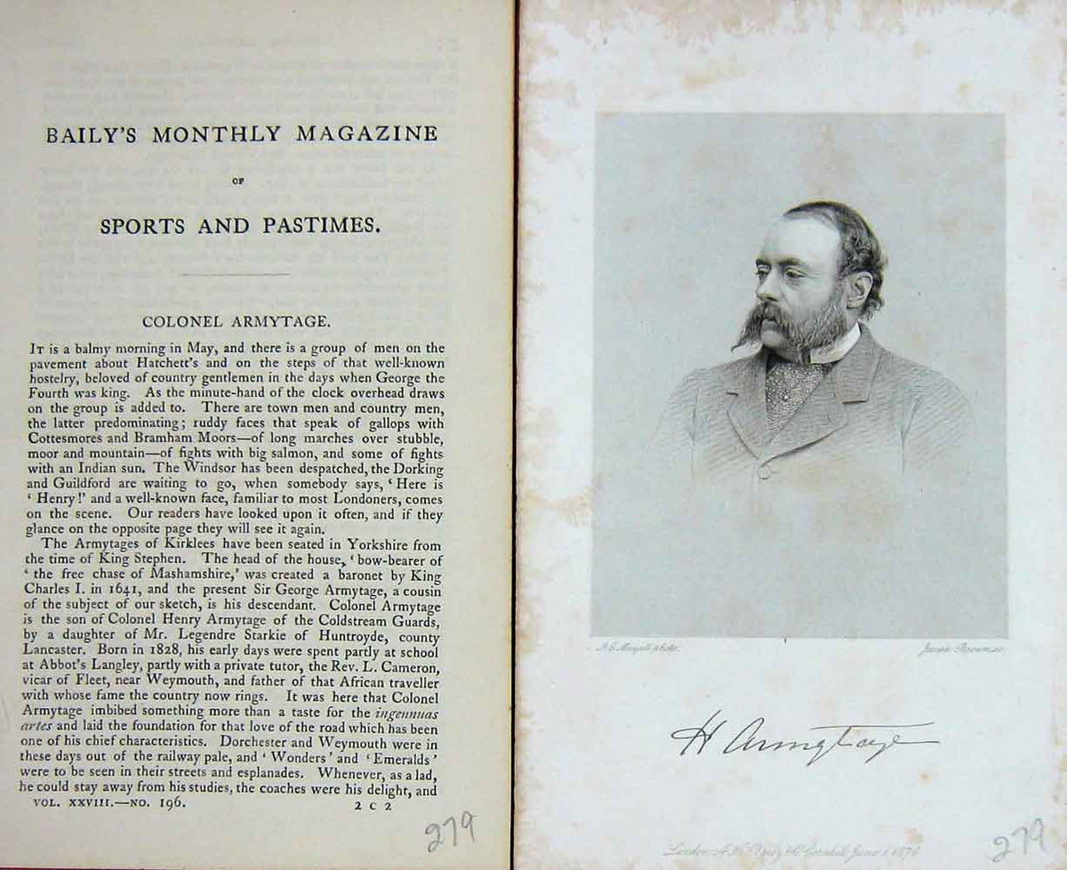 Original Old Antique Print Portrait 1876 Colonel Armytage Sportsman Victorian