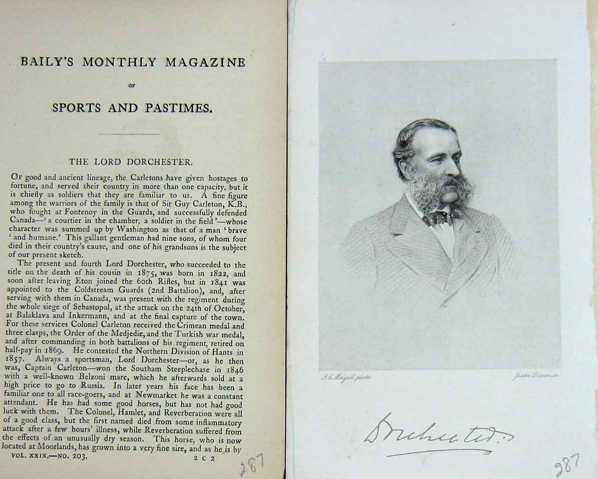 Original Old Antique Print Lord Dorchester Sportsman Portrait 1877 Victorian