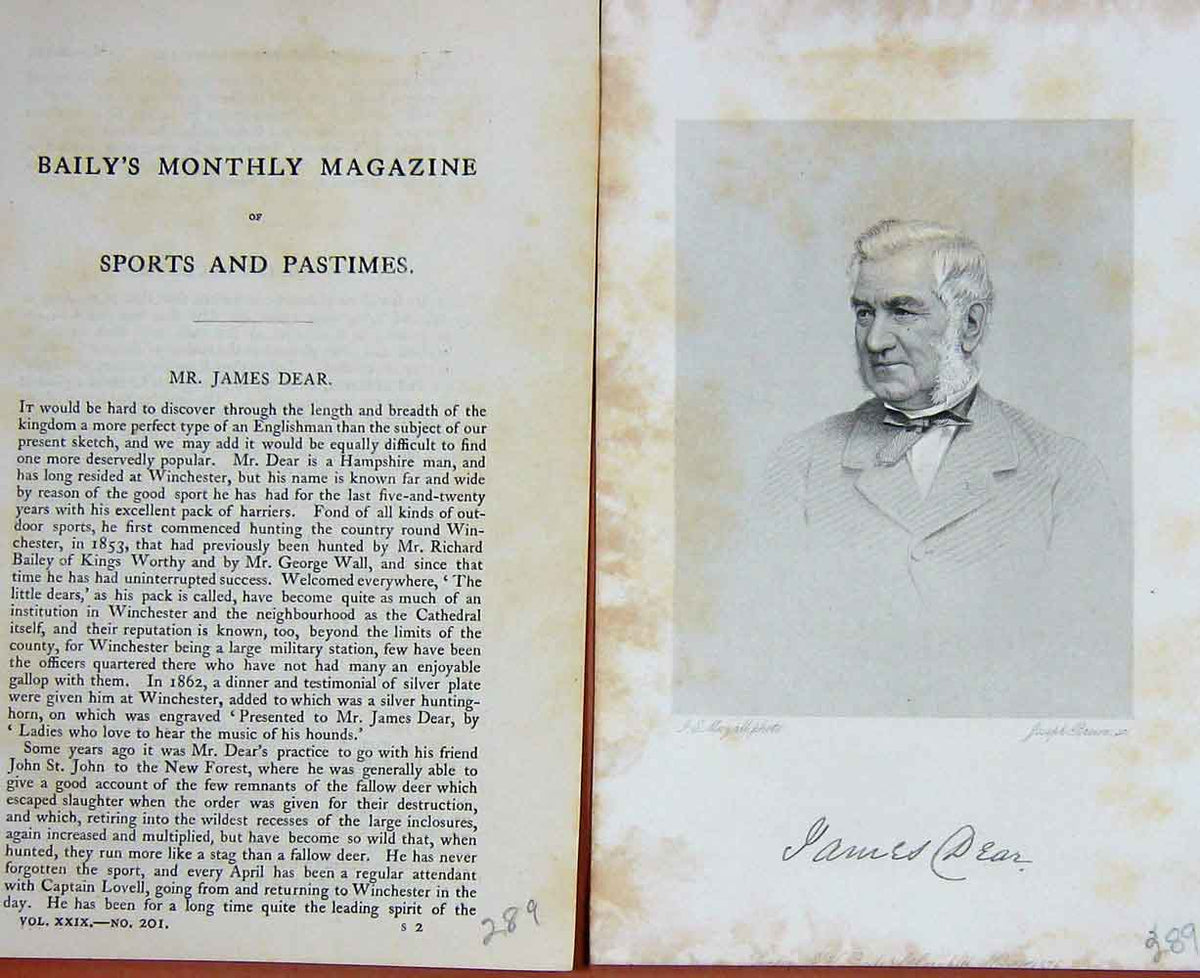 Original Old Antique Print 1876 Mr James Dear Hunting Sports Portrait Victorian