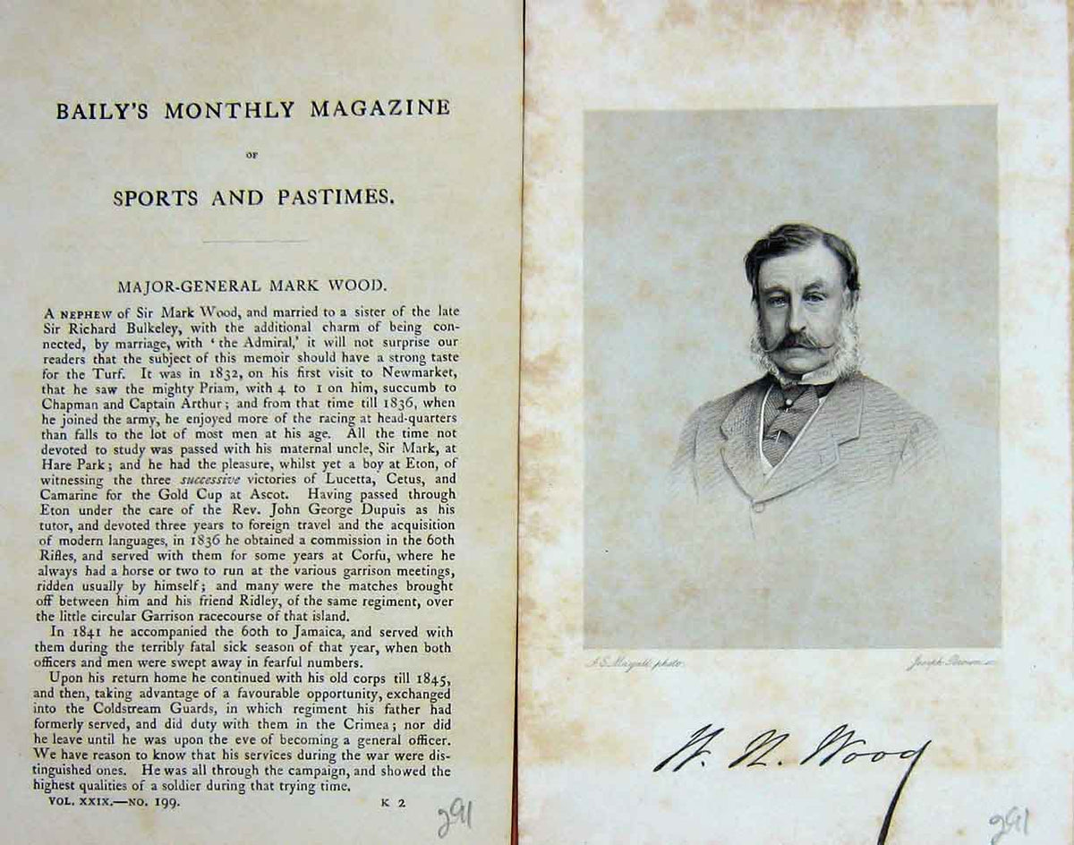 Original Old Antique Print Portrait 1876 Major-General Mark Wood Sports 19th