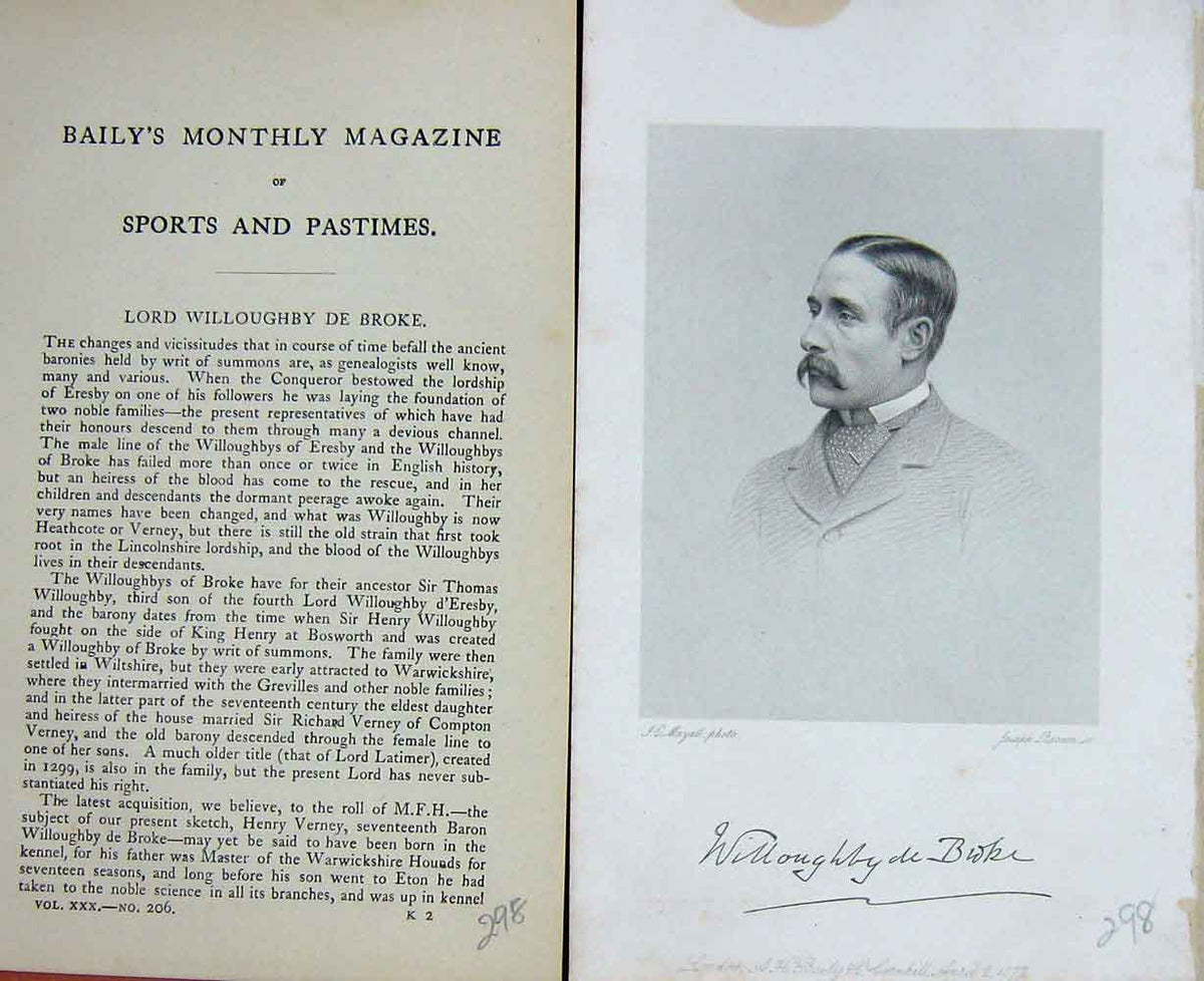 Original Old Antique Print Portrait 1877 Lord Willoughby De Broke Sports 19th
