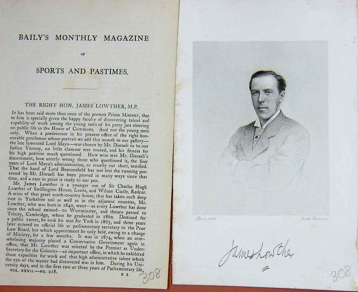 Original Old Antique Print Portrait 1878 Right Hon. James Lowther M.P Victorian