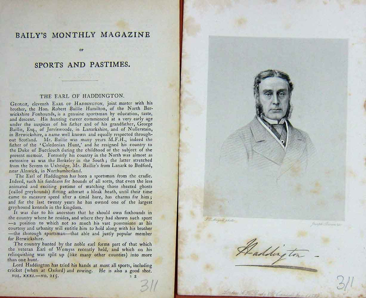 Original Old Antique Print Portrait 1878 Earl Haddington Huntsman Sport 19th