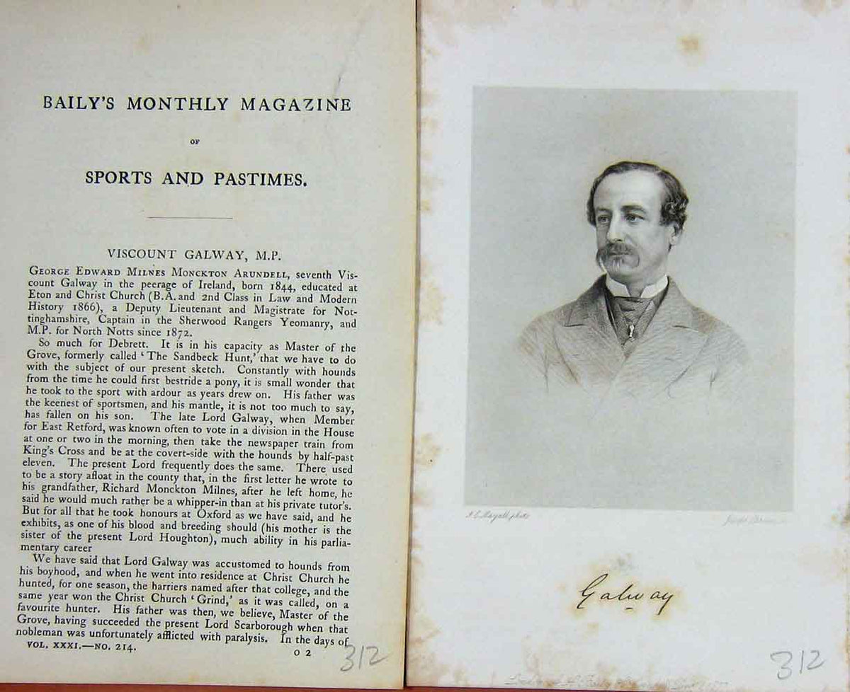 Original Old Antique Print 1877 George Edward Monckton Arundell Viscount Galway