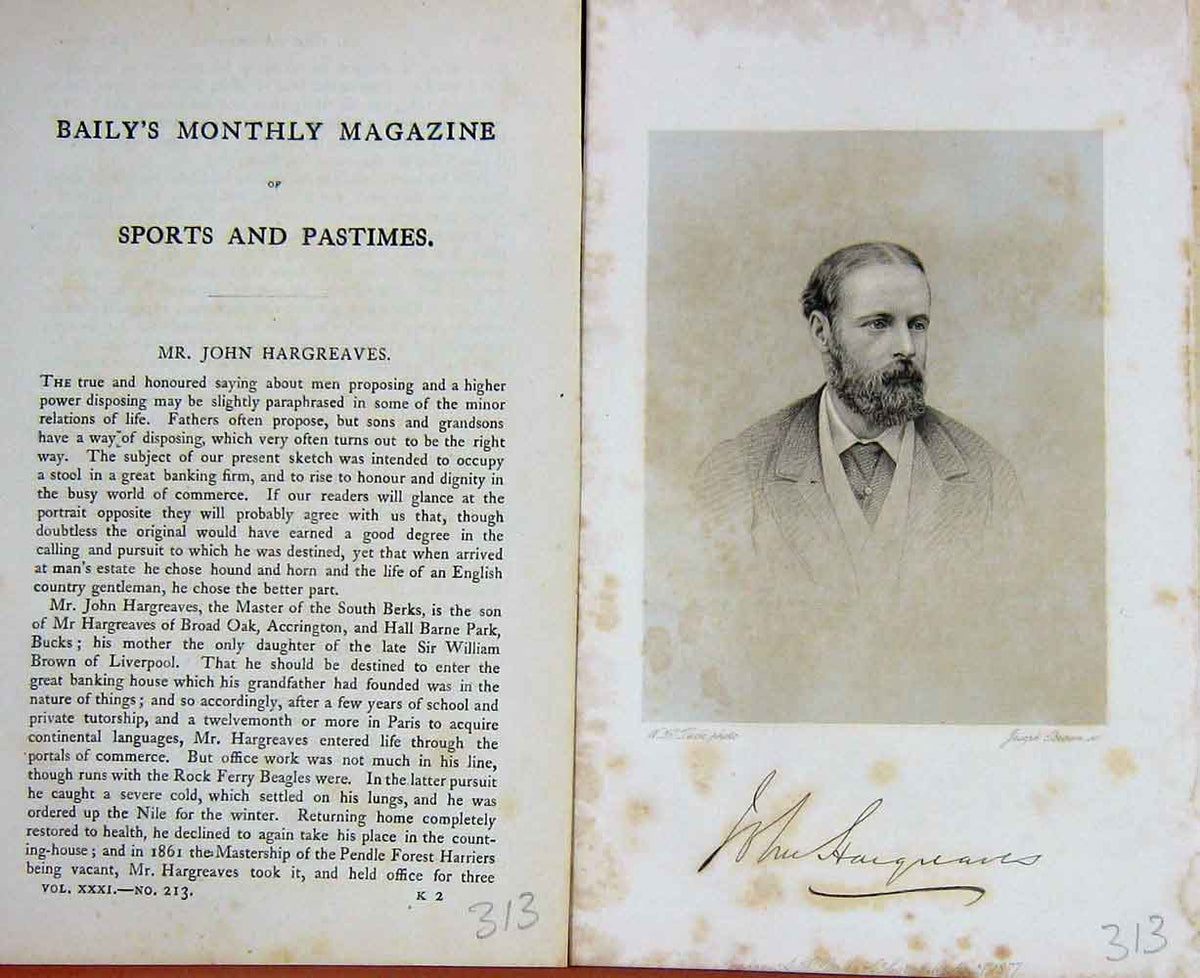 Original Old Antique Print Portrait 1877 Mr John Hargreaves Master Hounds 19th