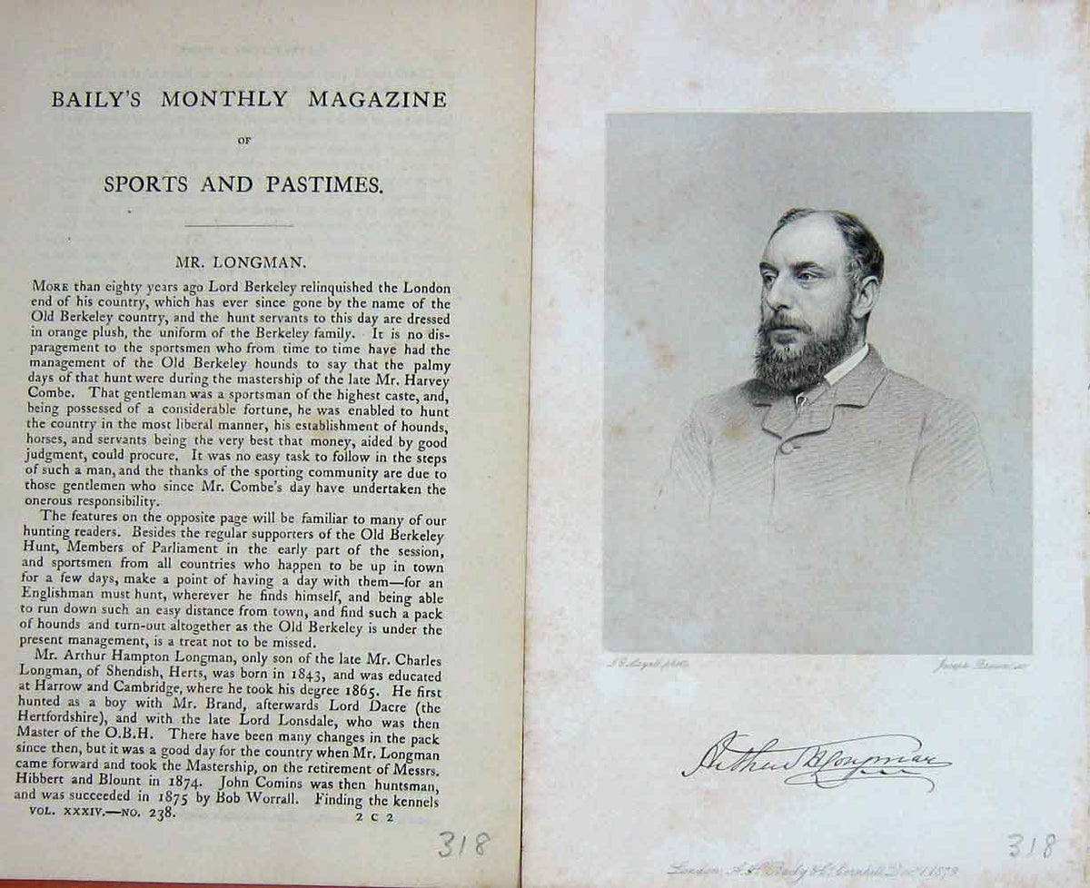 Original Old Antique Print Portrait 1879 Mr Longman Sportsman Hunting Victorian