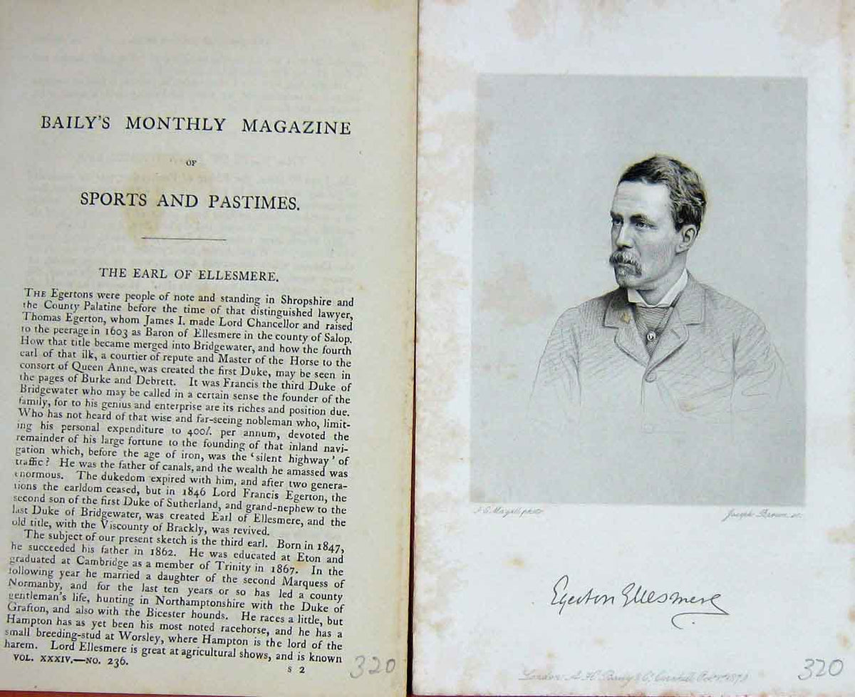 Original Old Antique Print 1879 Earl Ellesmere Sportsman Portrait Victorian