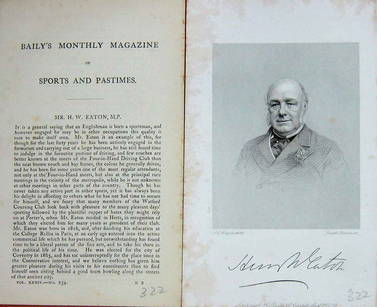 Original Old Antique Print 1879 Mr Eaton Parliament Sportsman Portrait 19th