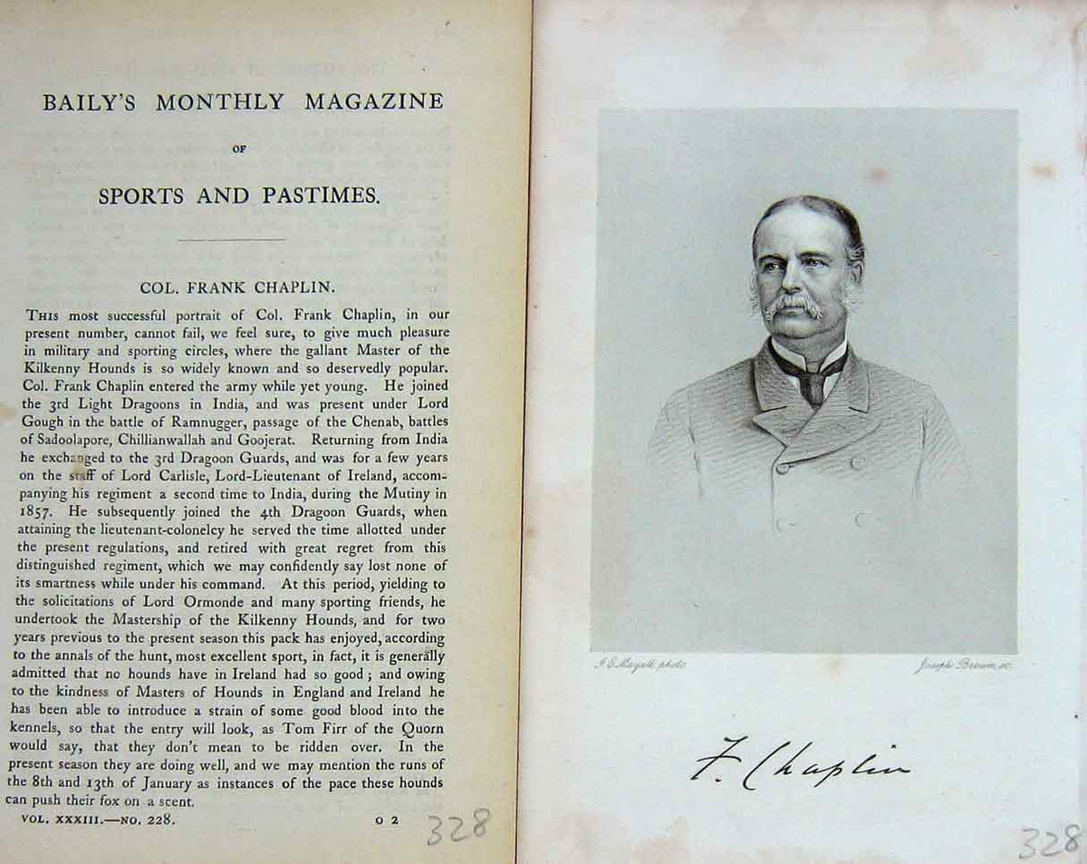 Original Old Antique Print Colonel Frank Chaplin Sportsman Portrait 1879 19th