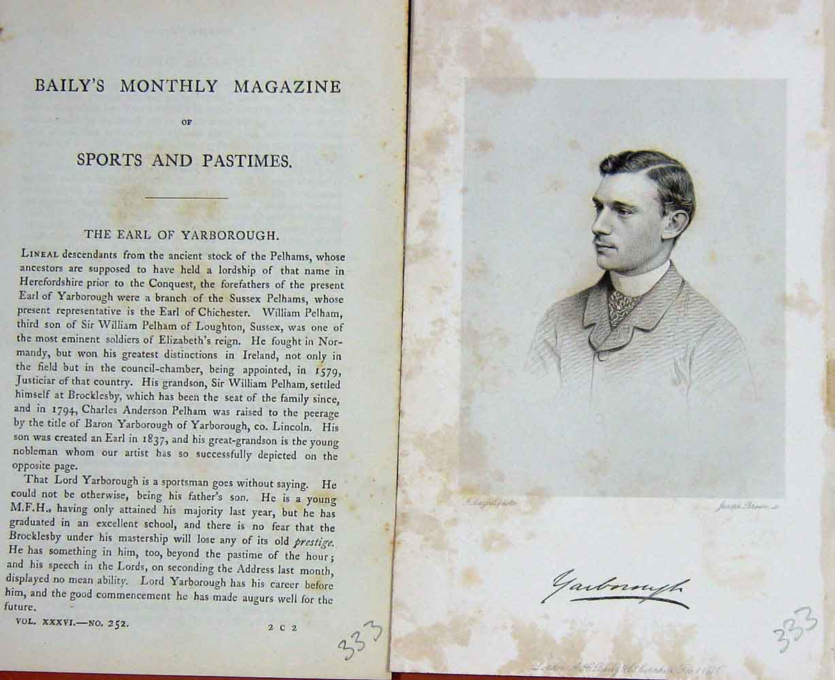 Original Old Antique Print Portrait Earl Yarborough Sportsman 1881 Victorian
