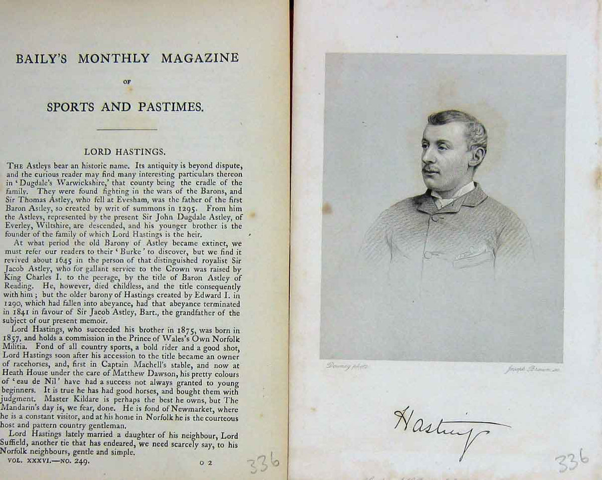 Original Old Antique Print Portrait 1880 Lord Hastings Sportsman Astley 19th