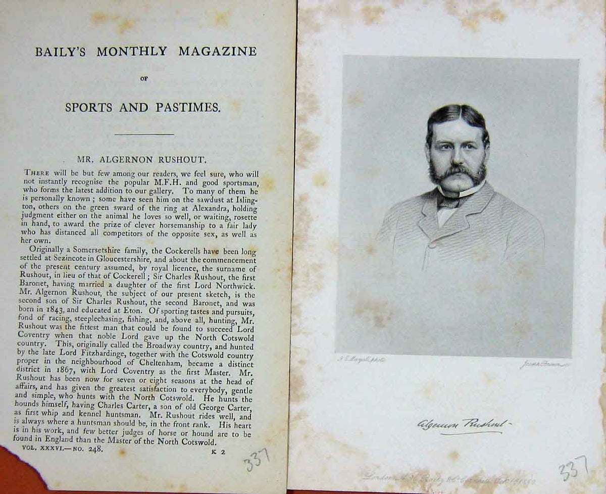Original Old Antique Print Portrait 1880 Mr Algerton Rushout Sportsman 19th