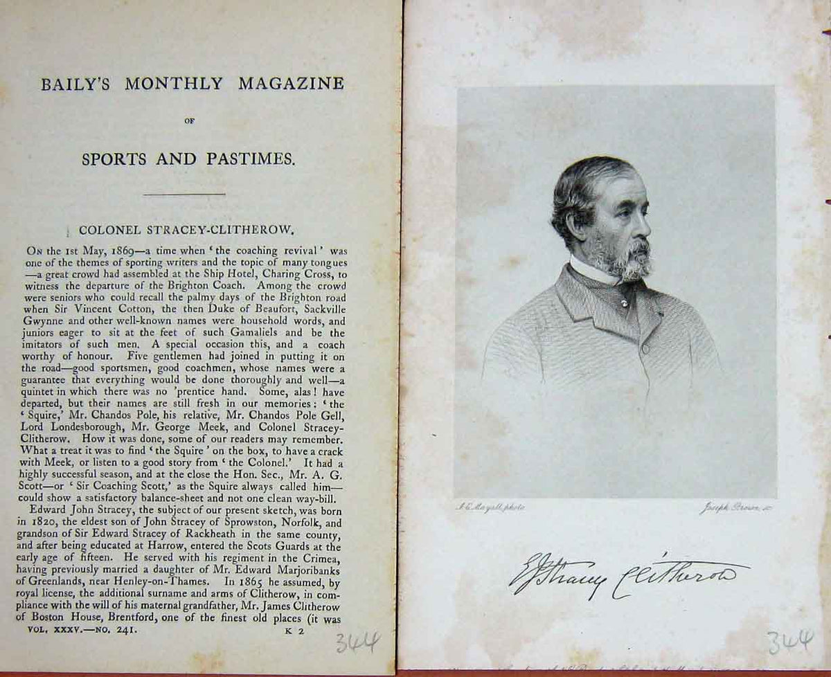 Original Old Antique Print Portrait 1880 Colonel Stracey-Clitherow Sports 19th