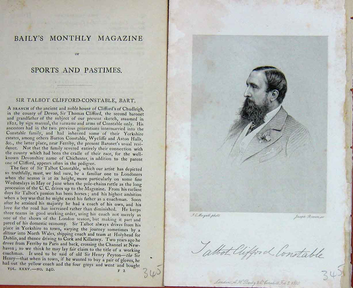 Original Old Antique Print Portrait 1880 Sir Talbot Clifford-Constable 19th