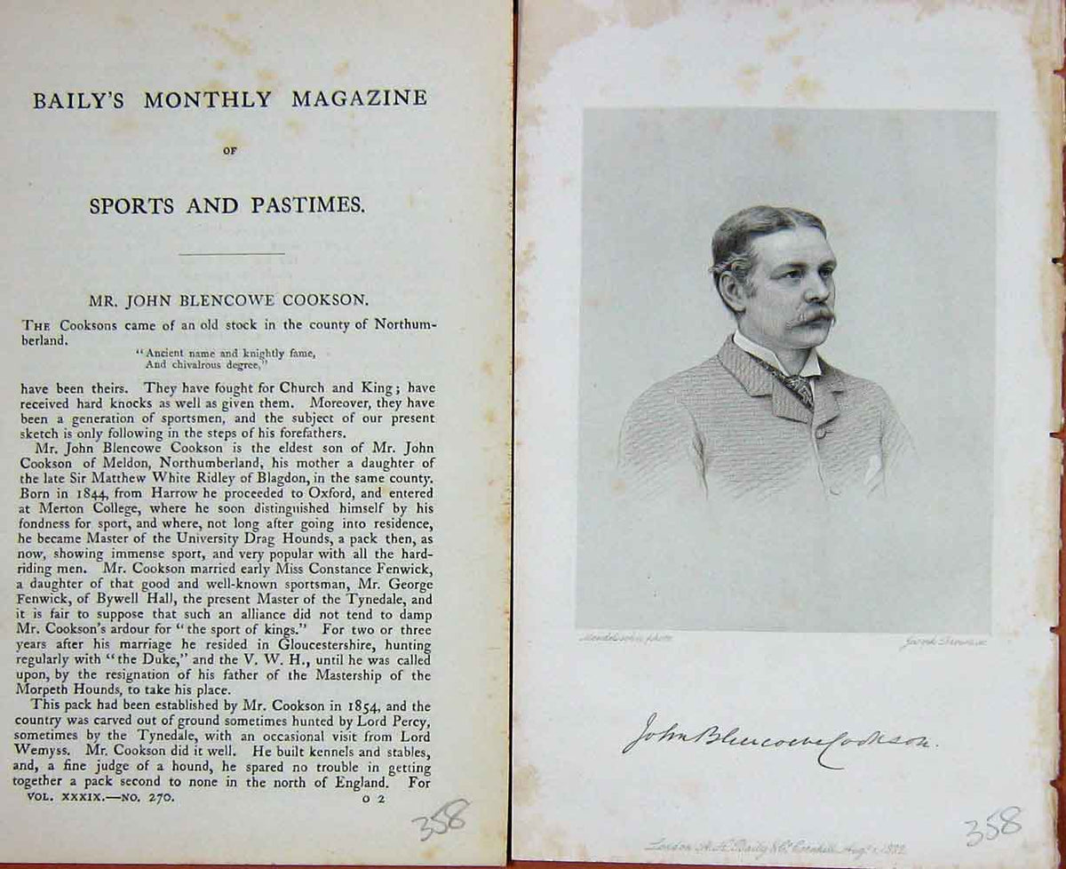 Original Old Antique Print Portrait 1882 Mr John Blencowe Cookson Sport 19th