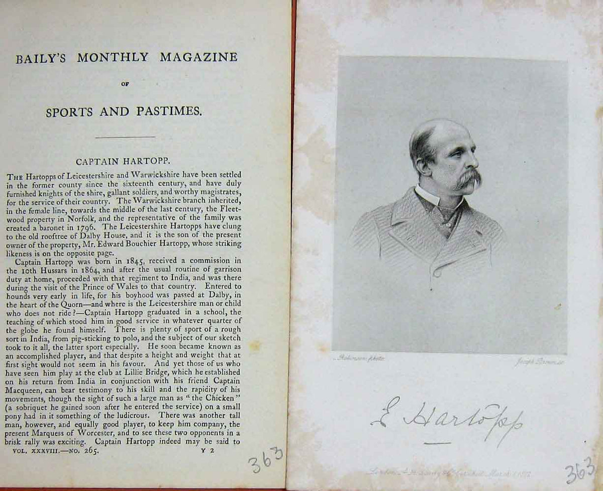 Original Old Antique Print Portrait 1882 Captain Hartopp Sportsman Victorian