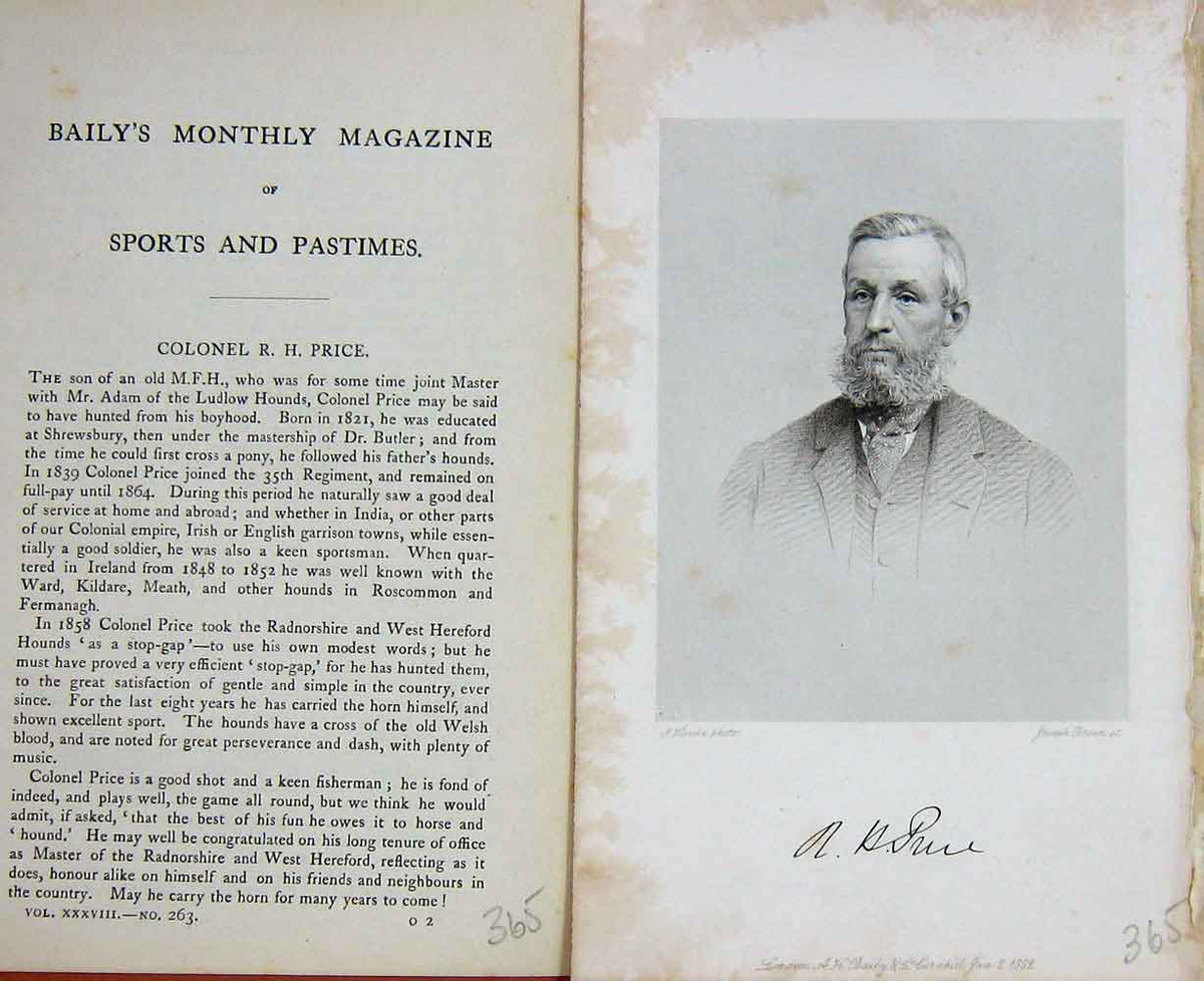 Original Old Antique Print Portrait 1882 Colonel R.H. Price Ludlow Hounds 19th