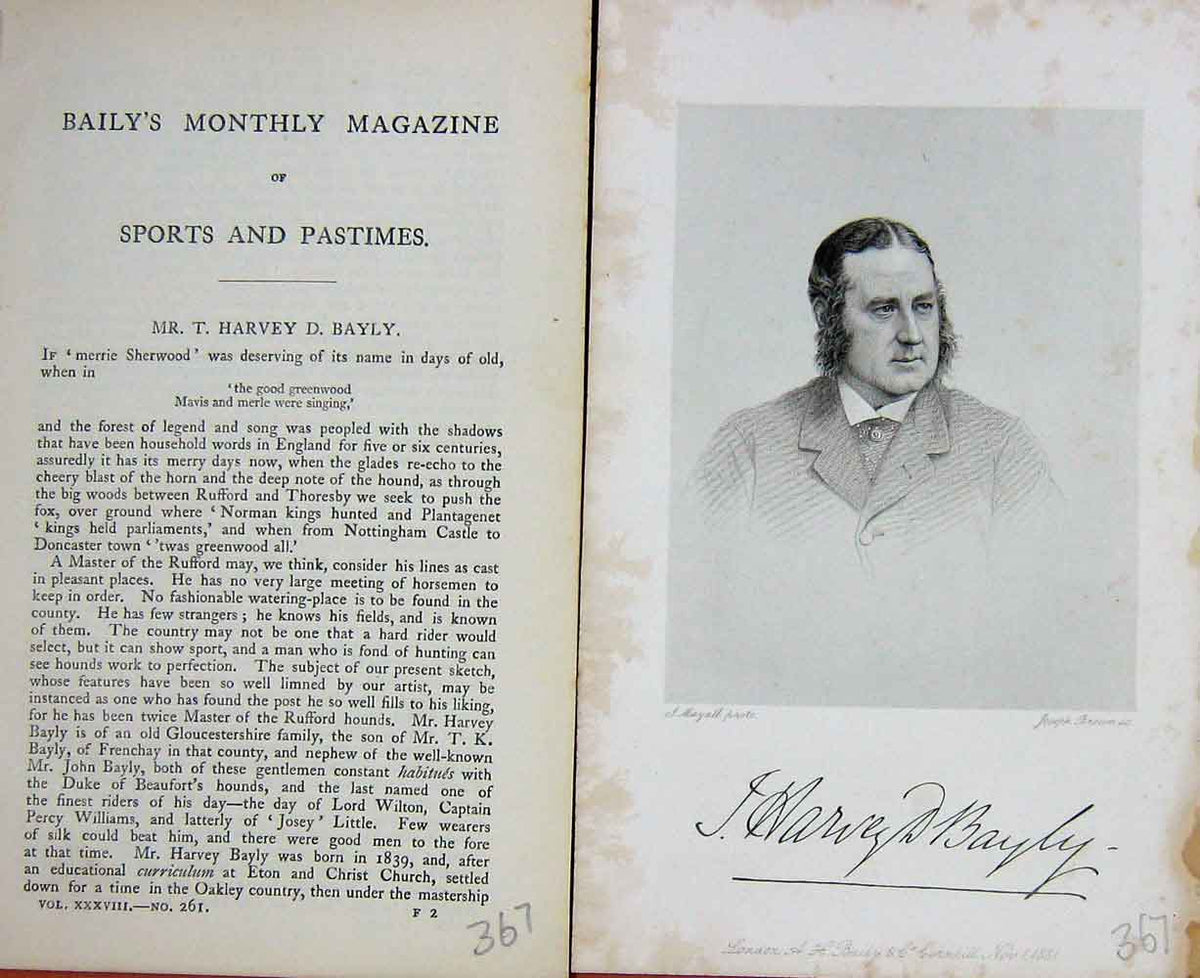 Original Old Antique Print Portrait 1881 Mr T. Harvey D. Bayly Sportsman 19th