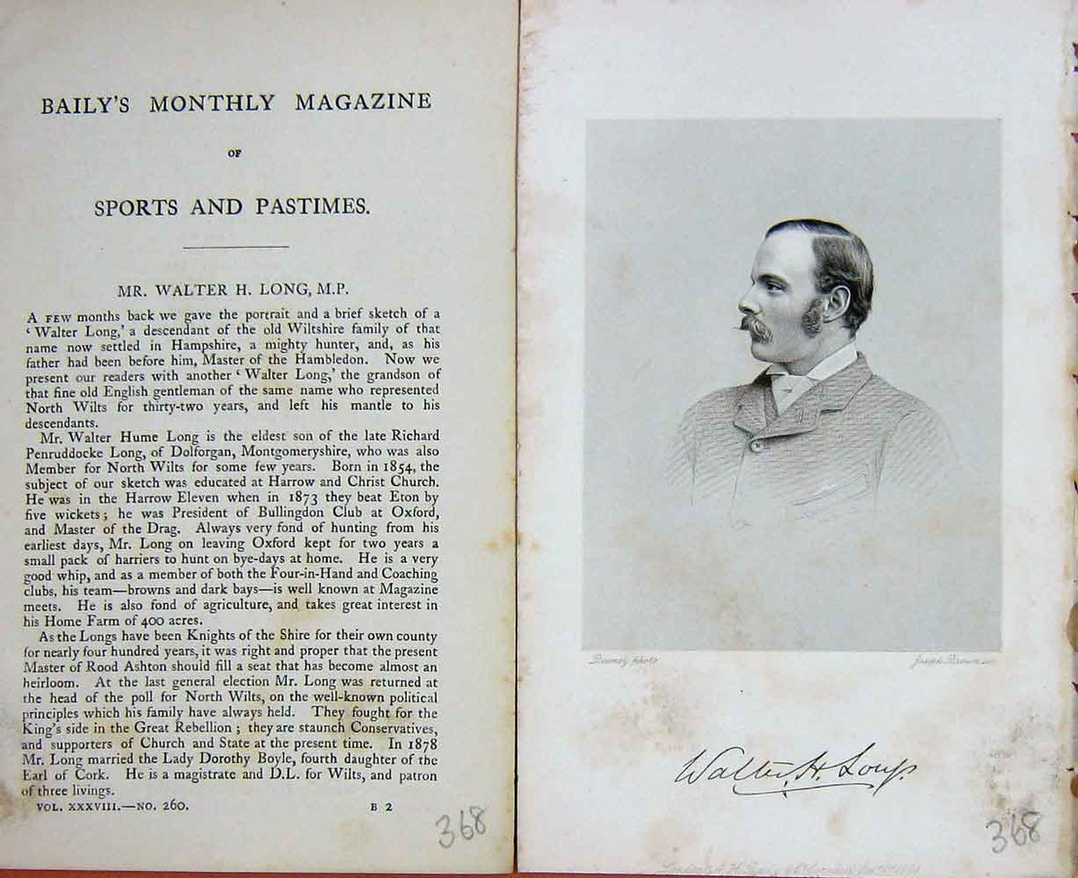 Original Old Antique Print Portrait 1881 Mr Walter H. Long Parliament Victorian