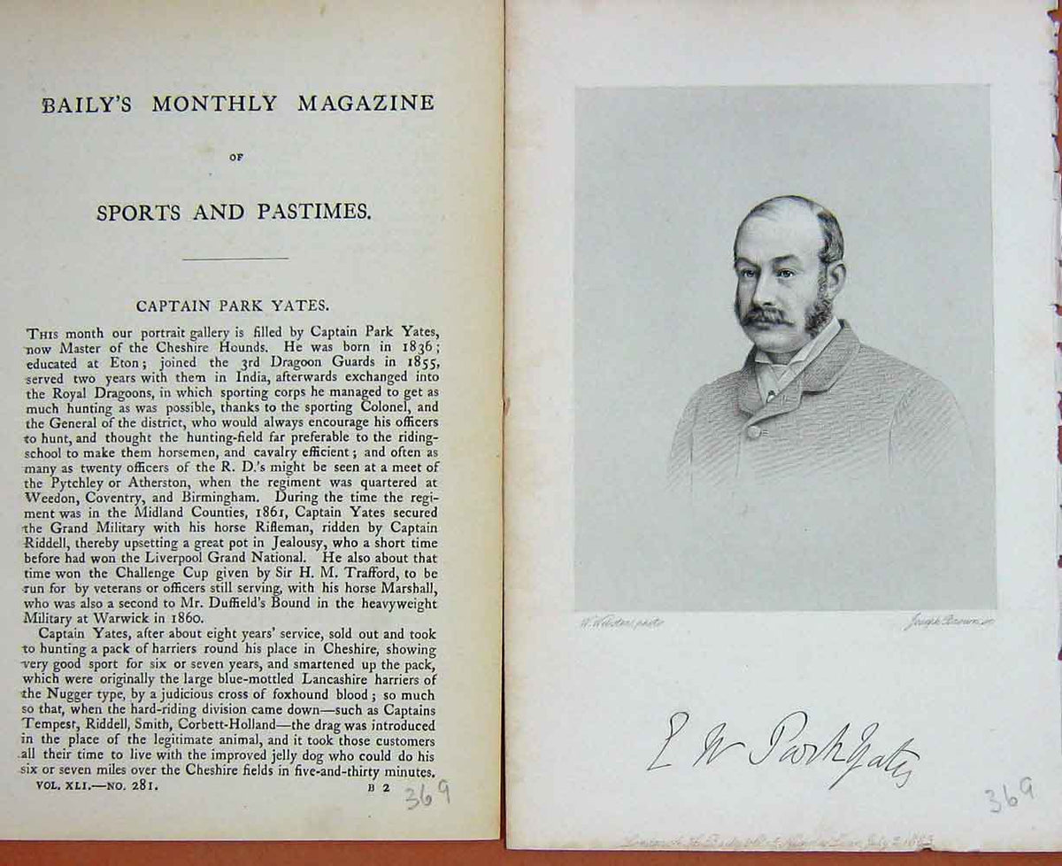 Original Old Antique Print Portrait 1883 Captain Park Yates Master Hounds 19th