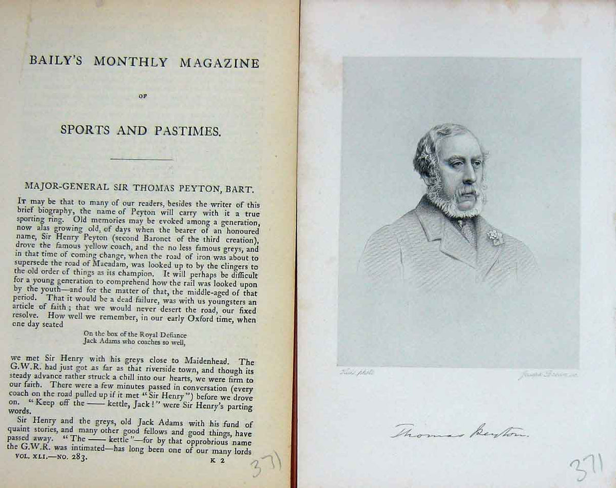 Original Old Antique Print Portrait 1883 Major-General Thomas Peyton Bart 19th