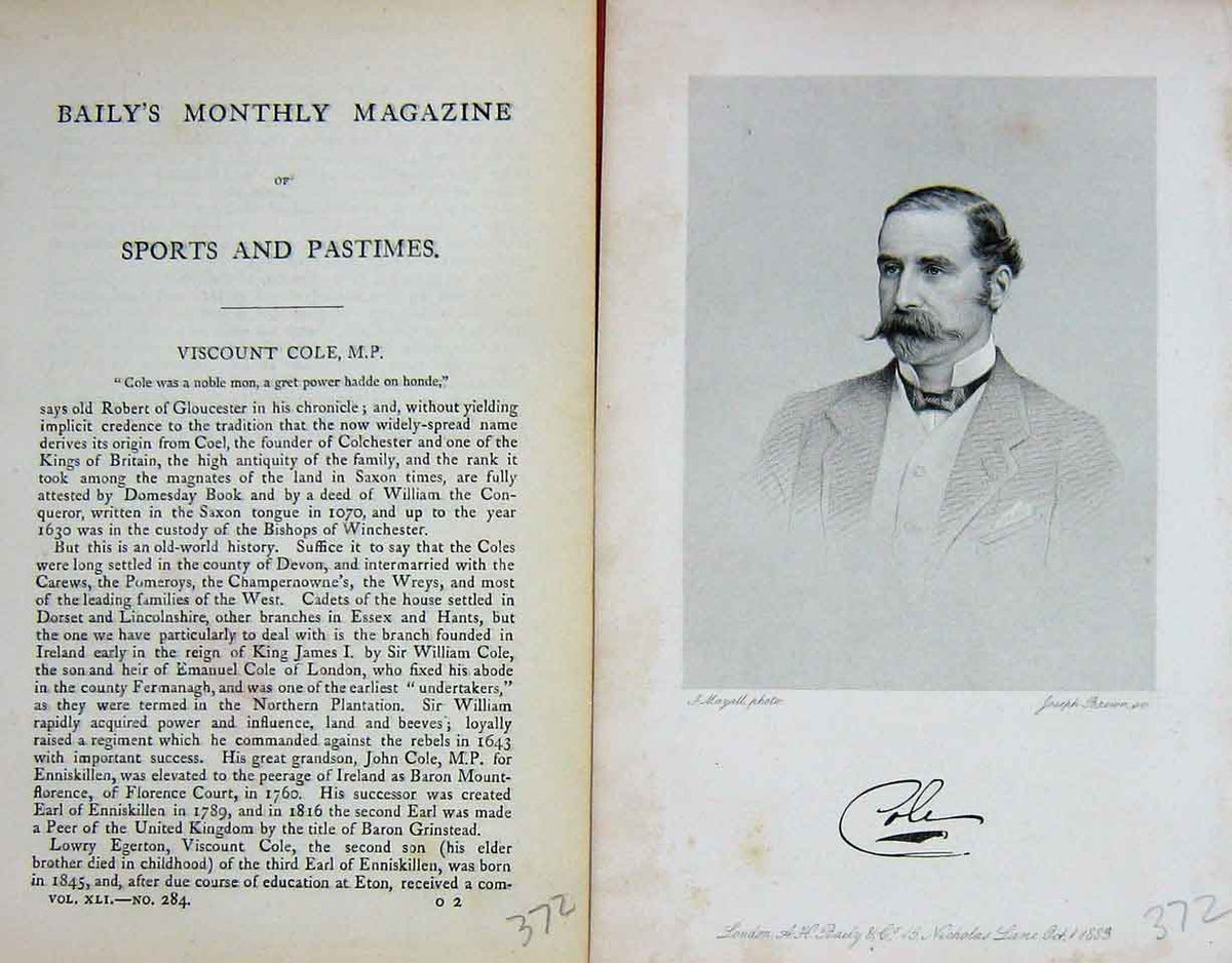 Original Old Antique Print Portrait Viscount Cole Lowry Egerton Sportsman