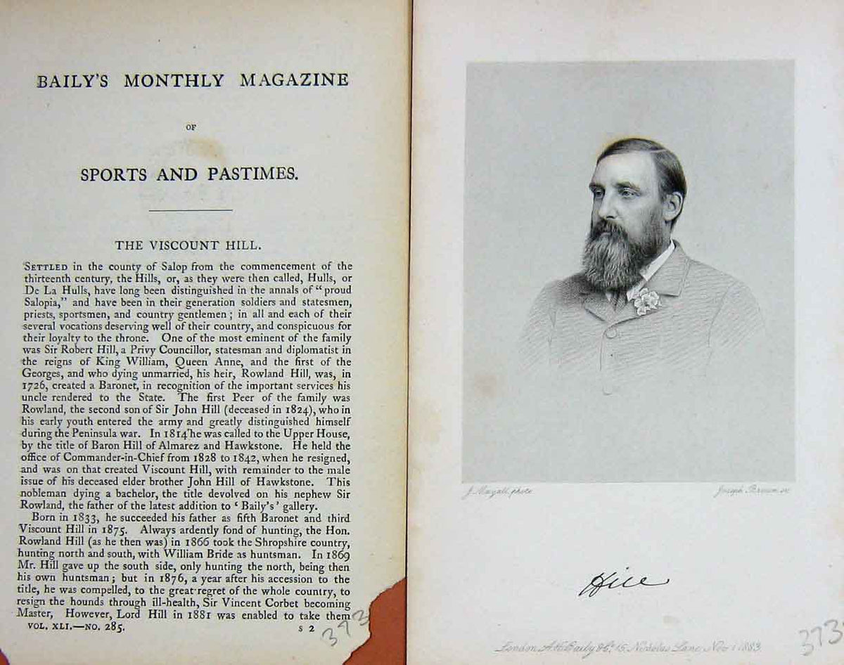 Original Old Antique Print Portrait 1883 Viscount Hill Huntsman Sportsman 19th