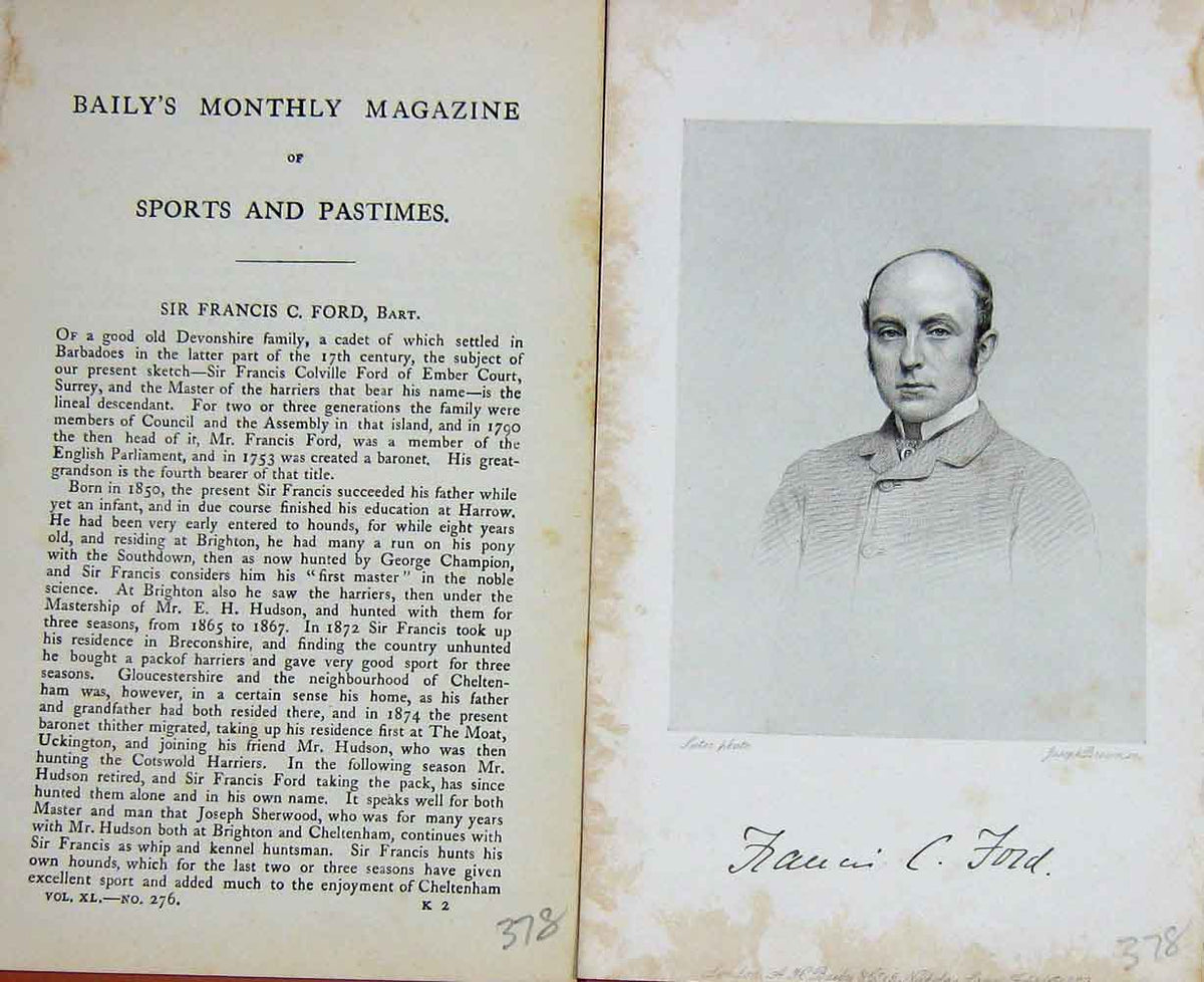 Original Old Antique Print 1883 Sir Francis Colville Ford Portrait Sports 19th