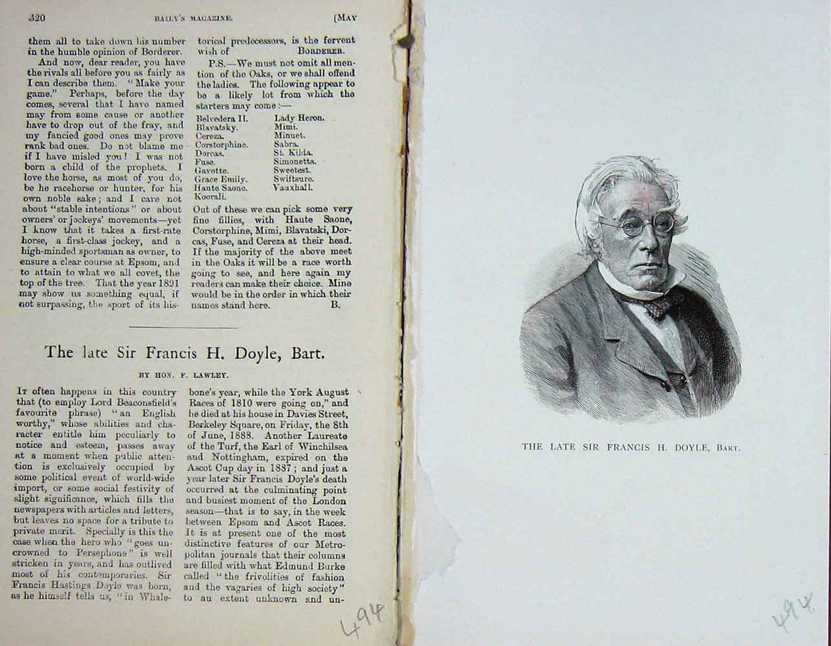 Original Old Antique Print Portrait 1891 Late Sir Francis H. Doyle Bart 19th