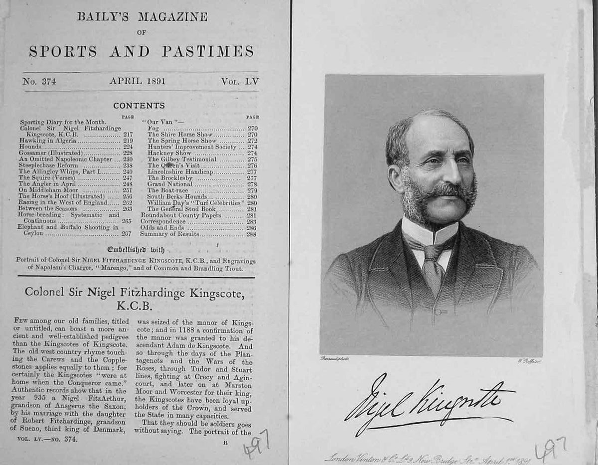 Original Old Antique Print 1891 Colonel Nigel Fitzhardinge Kingscote Portrait