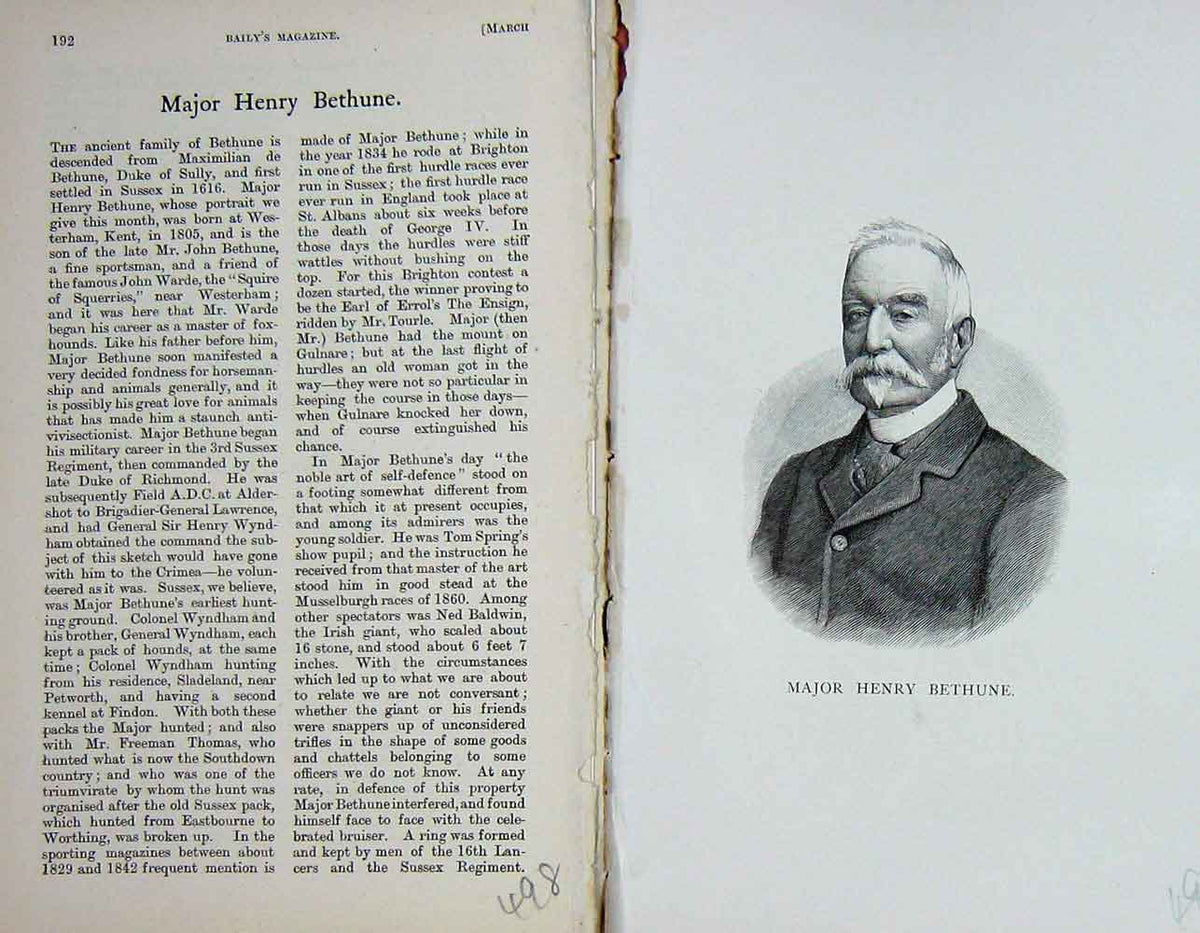 Original Old Antique Print 1891 Major Henry Bethune Sportsman Portrait 19th