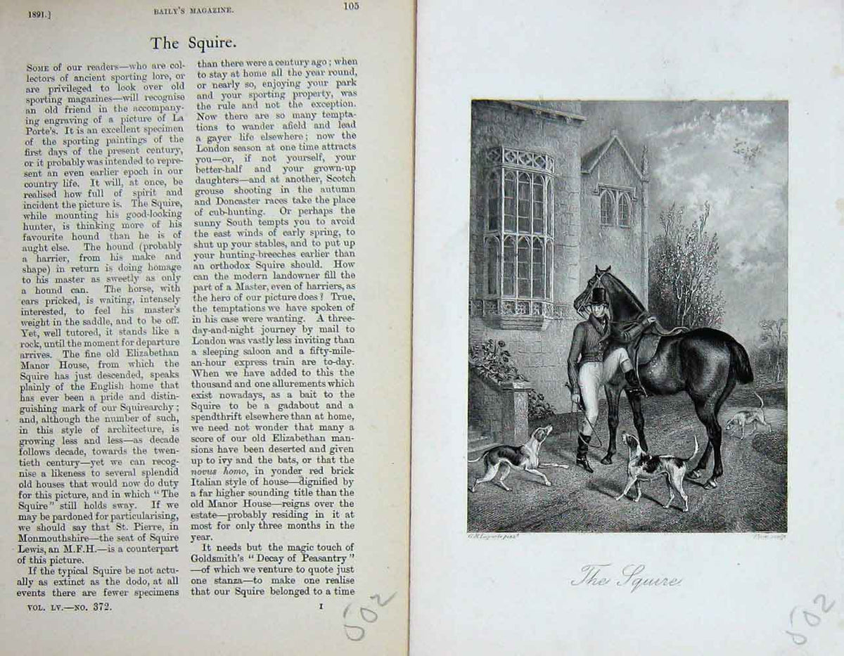 Original Old Antique Print Portrait 1891 Hunting Squire Horse Hound Dogs 19th