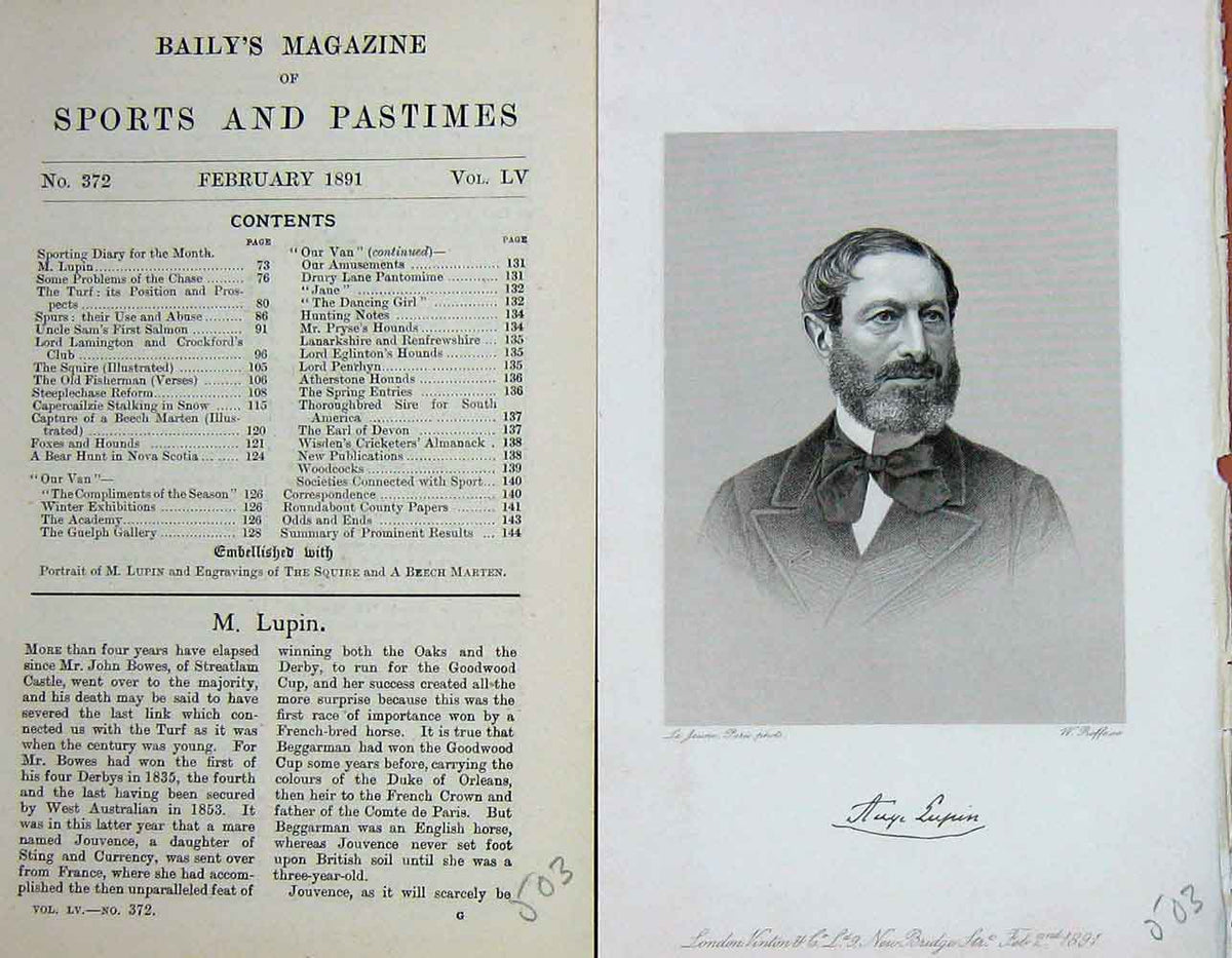 Original Old Antique Print Portrait 1891 M. Lupin Sportsman Baily'S Victorian