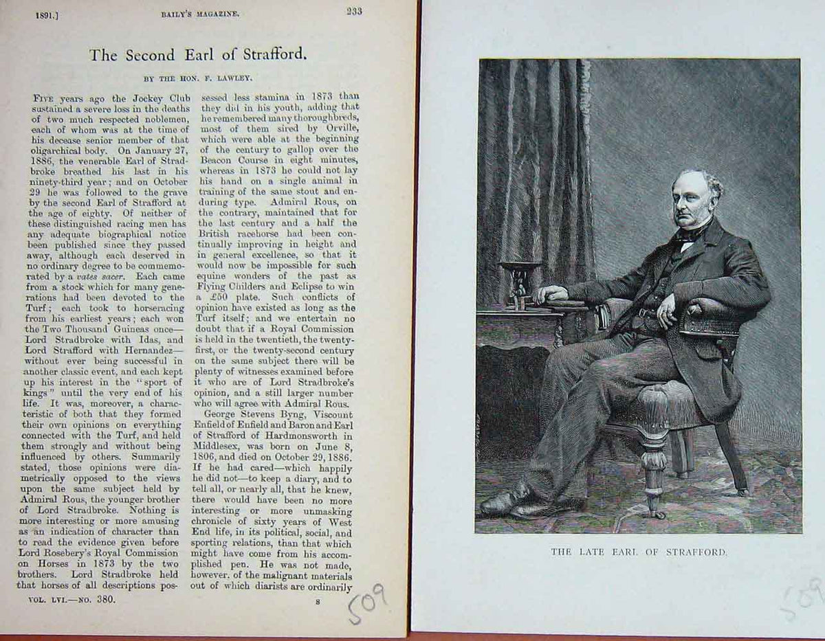 Original Old Antique Print 1891 Earl Strafford Jockey Sportsman Portrait 19th